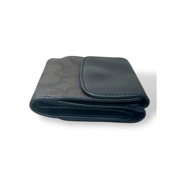 Coach Small Tri-Fold Wallet Black Leather & Signature Canvas Card Holder - Picture 6 of 13